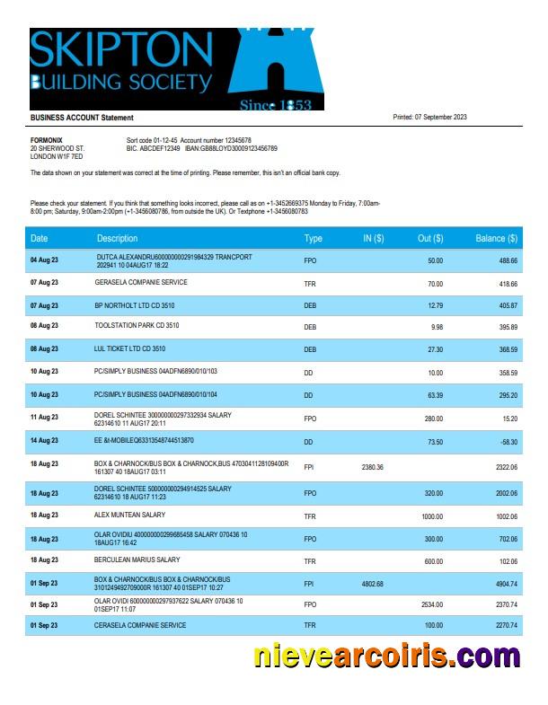 Skipton Building Society Bank firm account statement